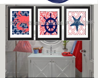 Art Crab Star Fish Anchor Coral Reef Nautical  Beach House Navy Blue Coral White Wall Art Picture - Set of (3) -8x10 Prints -  (UNFRAMED)