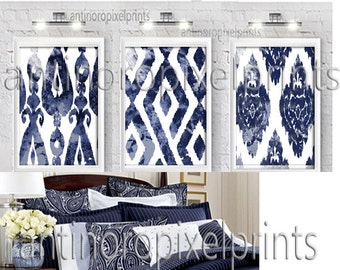 Wall Art Watercolor Navy Ikat Dark Navy Blue White Wall Art Picture Set (3) - 11x14 Prints (UNFRAMED) #452799912