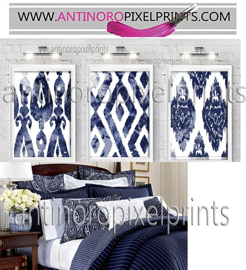 Wall Art Watercolor Navy Ikat Dark Navy Blue White Wall Art Etsy
