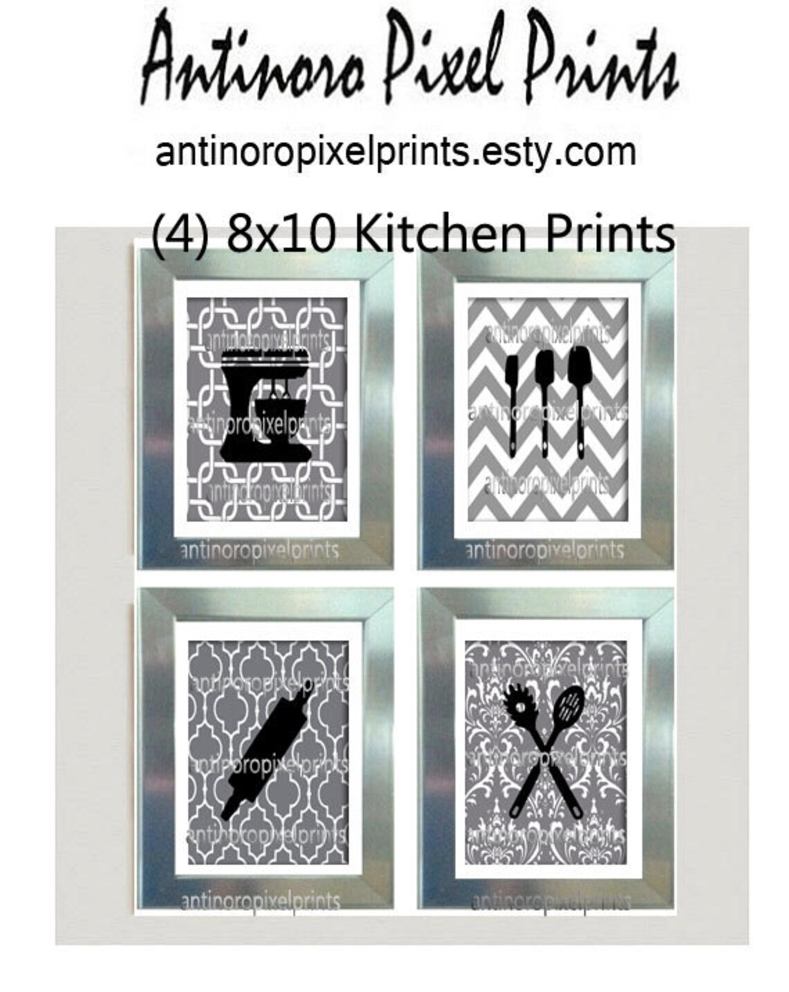 Black White Greys Unframed Kitchen Utensils Art Collection Etsy