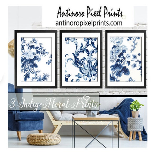 Art, Wall Paper Inspired!, Set of 3 Prints, Blue floral Print, Flower Art, Watercolor Blue Prints (Unframed)
