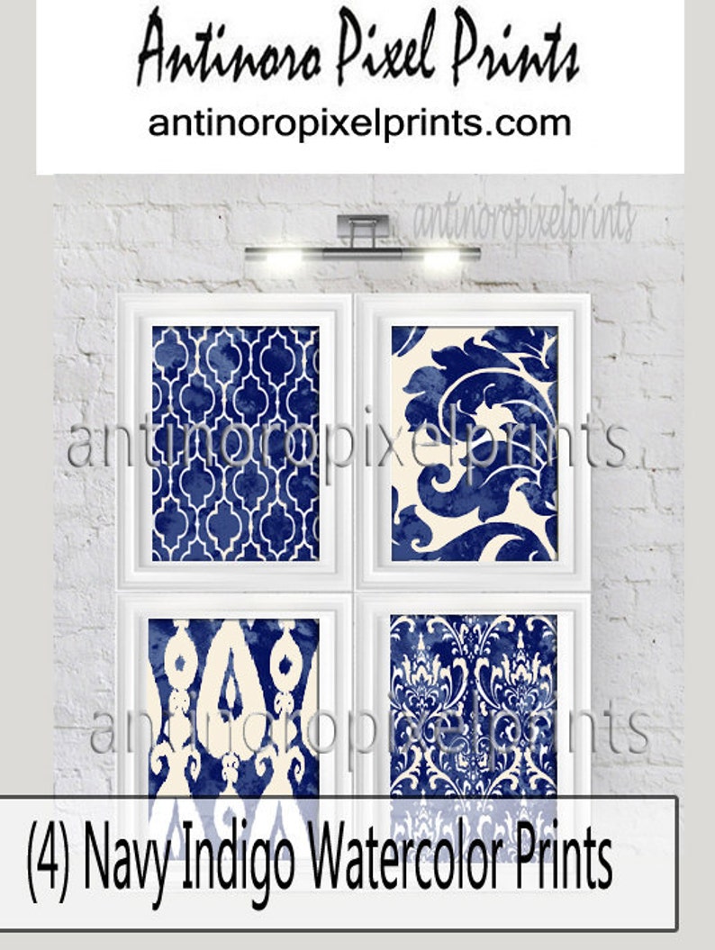Watercolor Ikat Damask Navy Blues White Prints, Set of 4 Wall Art Prints, Custom Colors Sizes Available Unframed image 2