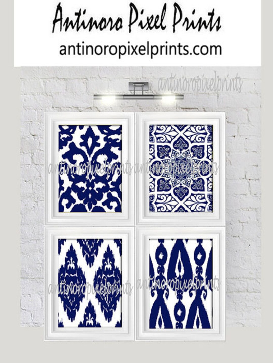 Art Navy White Ikat Geometric Damask Prints, 4 11 X 14 Prints, Custom