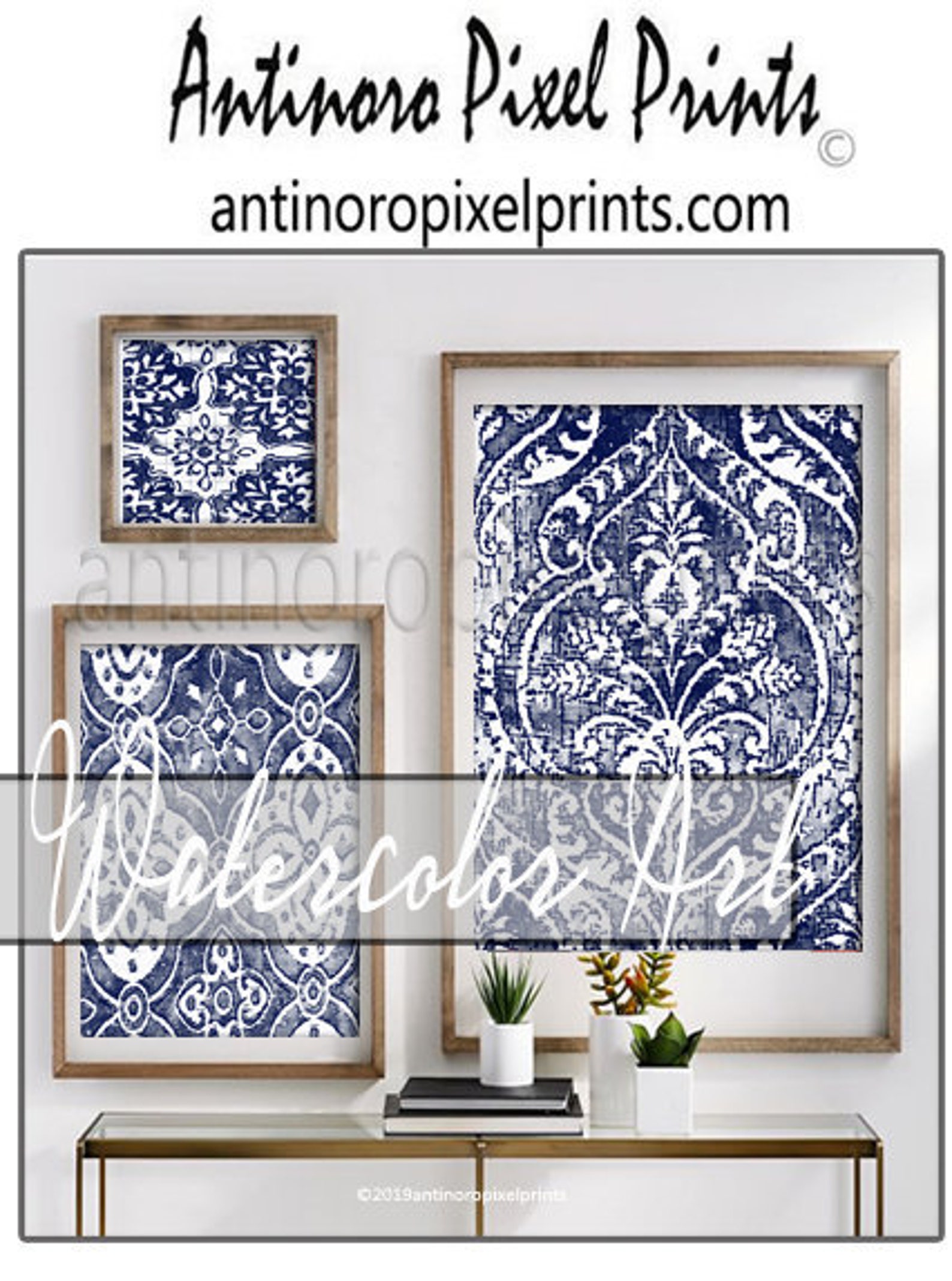 Watercolor Wall Art Decor Damask Navy White Wall Art Print Etsy