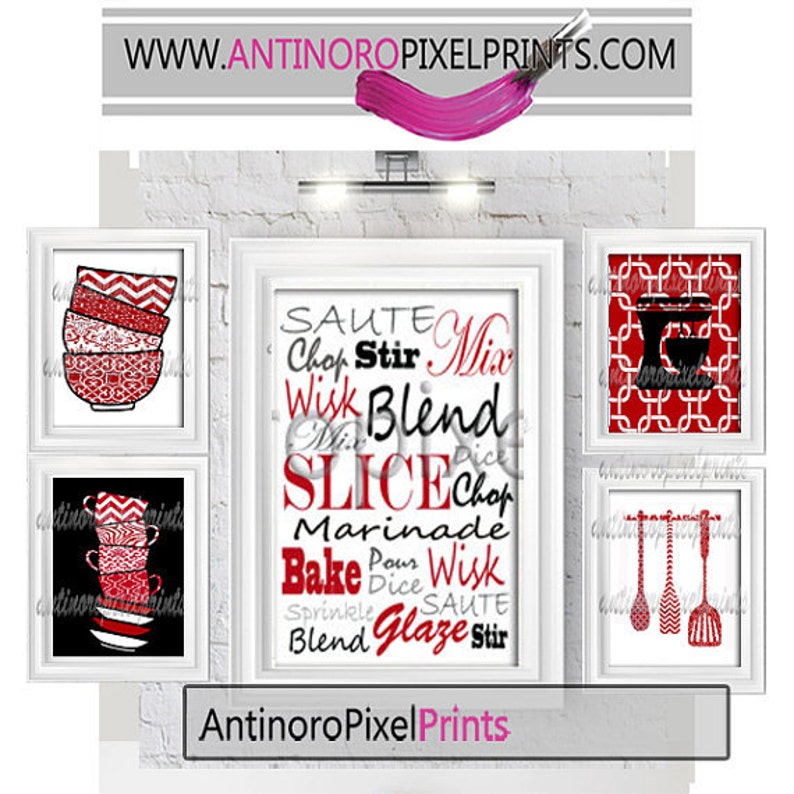 4 1 240495487 8x10 prints Red Black Grey Kitchen Utensils Tools Mixer Toaster Spoons Plate Setting Art Pictures Set of - 5x7, Unframed