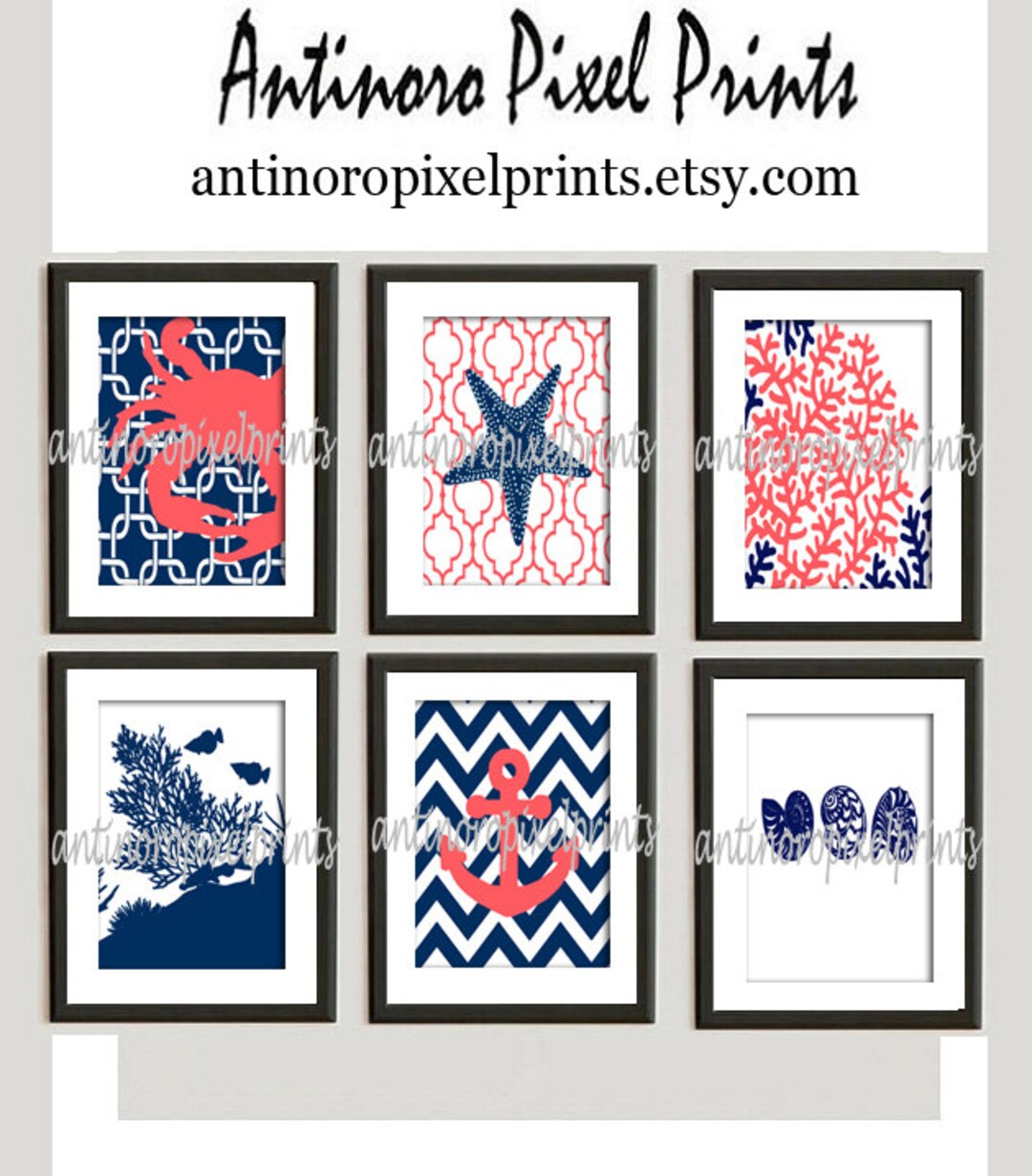 Print Beach House Prints Navy Blue Coral White Wall Art Set of 6 ...