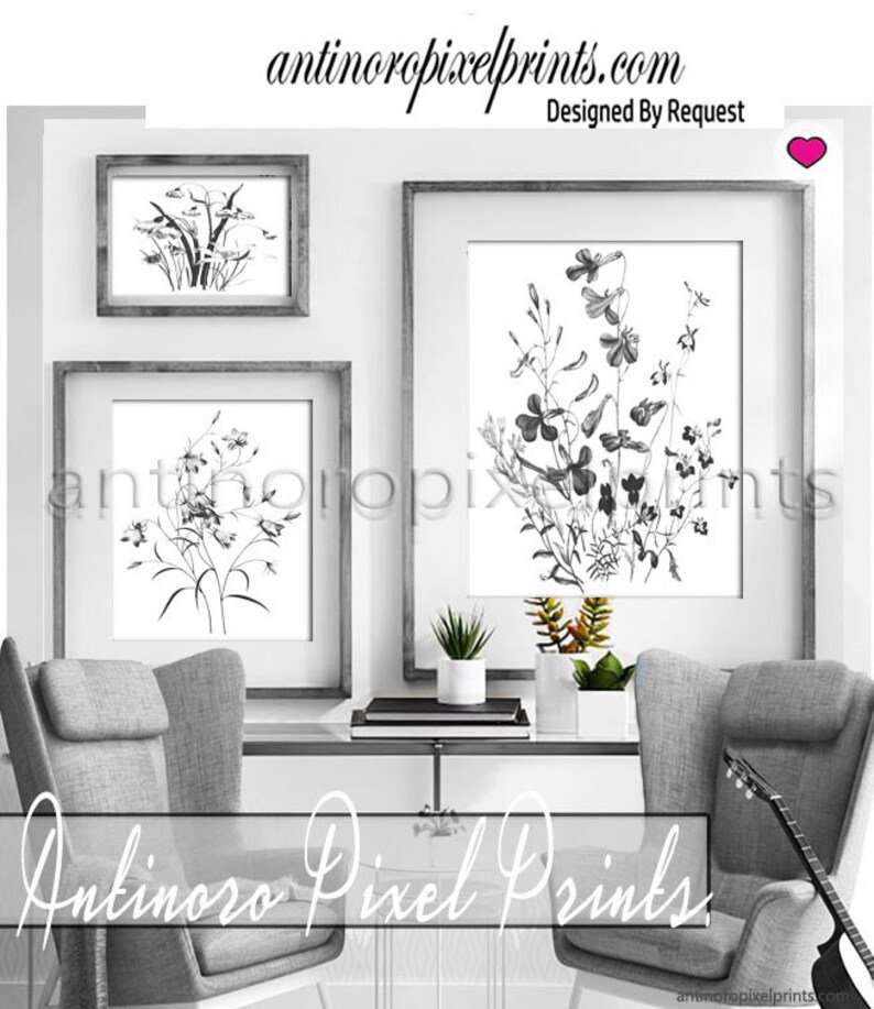 Farm House Watercolor Floral Black White Wall Art Set Includes 3 Prints Unframed 964934115 image 1