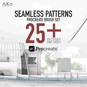 May include: A digital graphic for a Procreate brush set titled SEAMLESS PATTERNS 25+ PATTERN BRUSHES. The image features a white stylus and an architectural sketch of a building with trees and water, overlaid with the AiKa Design Studio logo.