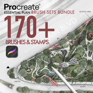 May include: A digital graphic for a Procreate Essential Plan Brush Sets Bundle featuring 170+ brushes and stamps. The image displays a landscape architectural site plan with green spaces, paths, a fire pit, and a seating area, overlaid with a white stylus.