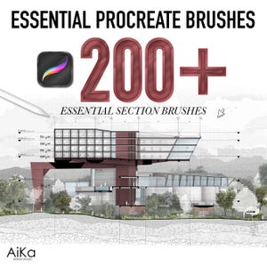 May include: A digital graphic featuring the text ESSENTIAL PROCREATE BRUSHES and 200+ in large red font. Below, the text ESSENTIAL SECTION BRUSHES appears above an architectural section drawing of a multi-level building with red structural elements.