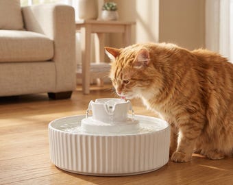 Ceramic Pet Water Fountain, Quiet Cat Water Dispenser, Artisan Cake Style Bowl