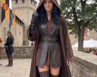 Costume de Jedi féminin inspiré d'Anakin, cape à capuche, tenue de cosplay Star Wars pour Halloween et Comic Con.