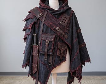 Postapokalyptischer Kapuzenponcho, abgenutzter Utility-Umhang, Wasteland Rogue Cosplay, Techwear Cyberpunk