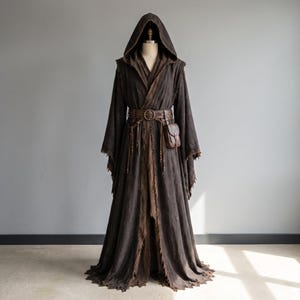 May include: A dark brown hooded robe featuring long, wide sleeves with frayed edges. The garment includes a brown leather belt with a circular buckle and an attached small leather pouch. The fabric has a textured, weathered appearance throughout.