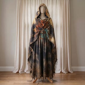 May include: A hooded cloak and dress set featuring a mottled, tie-dye pattern in shades of charcoal gray, burnt orange, and teal. The garment includes a central buckle at the waist, a draped hood, and frayed, uneven hem edges on the long skirt.