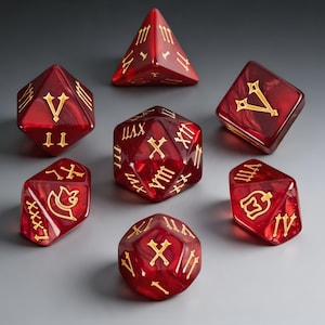 May include: A set of seven translucent red polyhedral dice featuring gold-coloured Roman numerals and unique symbols engraved on each face. The collection includes various geometric shapes, such as a tetrahedron, cube, and icosahedron, all with a polished finish.