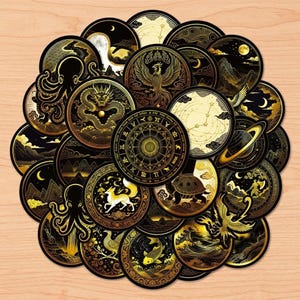 May include: A collection of circular stickers featuring black and gold illustrations of celestial bodies, mythical creatures like dragons and phoenixes, zodiac symbols, constellations, landscapes, and sea life arranged in a dense, overlapping cluster.