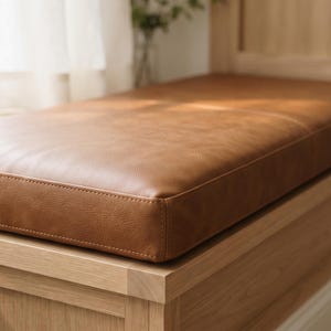 Custom Faux Leather Bench Cushion Cover, 3 Inch Window Seat Cushion Cover, Camel Brown Bench Seat Cover, Custom Size Reading Nook Cushion