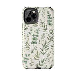 Funda para iPhone con diseño botánico de eucalipto y cubierta protectora con diseño de hojas en acuarela.
