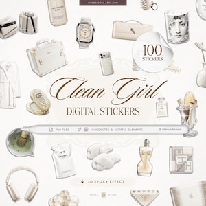 May include: A collection of digital stickers featuring various lifestyle items including a white vanity case, a smartwatch, a candle, perfume bottles, headphones, slippers, and a robe. The text reads Clean Girl DIGITAL STICKERS and 100 STICKERS.