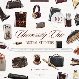 May include: A collection of 100 digital stickers featuring University Chic items including a tortoise shell clipboard, headphones, a leopard print phone case, a quilted bag, a gold pen, a coffee glass, and stationery accessories with a 3D epoxy effect.