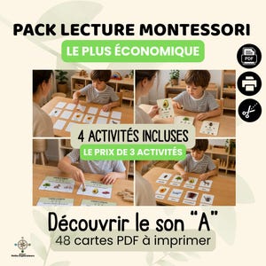 Peut inclure: Un pack de lecture Montessori comprenant 48 cartes PDF imprimables pour apprendre le son A. L'ensemble inclut quatre activités avec des cartes illustrées montrant des objets comme des avocats et des arbres, conçues pour un usage éducatif.