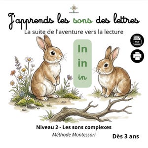 Op de afbeelding: Educatieve poster getiteld J'apprends les sons des lettres met twee bruine konijnen in een grasveld met wilde bloemen en een tak. Een groen rechthoek in het midden toont de tekst In, in, in. Bevat PDF- en printerpictogrammen.