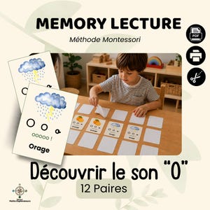 Peut inclure: Un jeu de mémoire Montessori imprimable intitulé Memory Lecture comprenant 12 paires de cartes pour découvrir le son O. Les cartes illustrent des oranges et des orages avec le texte Orage et Ooooo. Inclut des icônes PDF, imprimante et ciseaux.