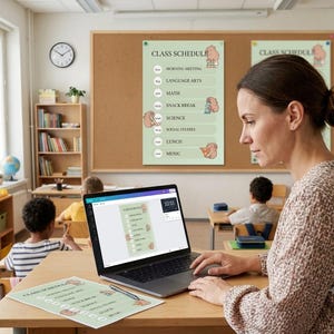 May include: A light green class schedule poster featuring cartoon capybaras and text including Morning Meeting, Language Arts, Math, Snack Break, Science, Social Studies, Lunch, and Music, displayed on a laptop screen and a printed paper sheet.