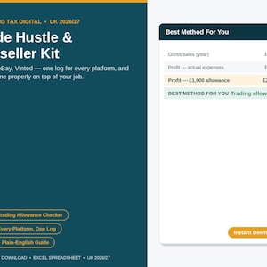May include: A digital spreadsheet kit for side hustles and resellers, featuring a dark teal background with white text. It includes a tax calculator table showing gross sales of £3,075 and a trading allowance method. Includes a guide and log for Etsy, eBay, and Vinted.