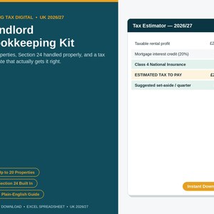 May include: A digital Landlord Bookkeeping Kit for 2026/27 featuring a dark teal background with white text. It includes a tax estimator table showing taxable rental profit, mortgage interest credit, and estimated tax to pay in British pounds.