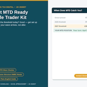 May include: A digital Making Tax Digital Sole Trader Kit for the UK 2026/27 tax year. The graphic features a dark teal background with white text, including a table titled When Does MTD Catch You? showing thresholds of £50,000 and £30,000.