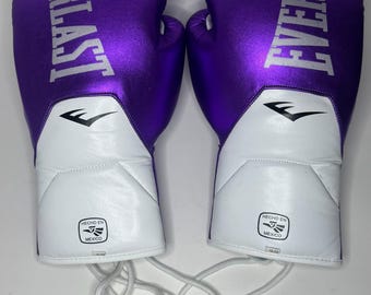 Everlast Purple White Lace Up Leather Boxing Gloves, Training, Kickboxing, Muay Thai