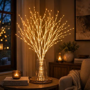 May include: A decorative arrangement of thin, light-coloured branches illuminated by numerous small, warm-toned LED lights. The branches are gathered and displayed upright in a clear, vertically ribbed glass vase sitting on a circular wooden tray.
