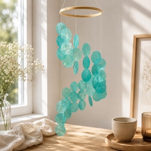 Boho Capiz Shell Wind Chime, Turquoise Hanging Decor, Handmade Bohemian Wall Art