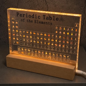May include: A rectangular acrylic display of the Periodic Table of the Elements with embedded samples, illuminated by a warm light source from a light-colored wooden base. The text Periodic Table of the Elements is printed at the top.