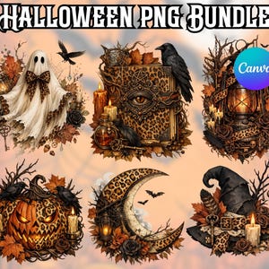 May include: A digital Halloween PNG bundle featuring six illustrations: a ghost with a leopard print bow, a leopard print spellbook with an eye, a lantern, a jack-o'-lantern, a crescent moon, and a witch hat, all accented with autumn leaves.