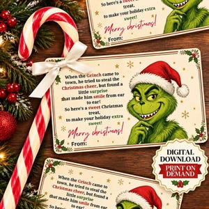 May include: Rectangular gift tags featuring a green character in a Santa hat with text reading: When the Grinch came to town, he tried to steal the Christmas cheer, but found a little surprise that made him smile from ear to ear!