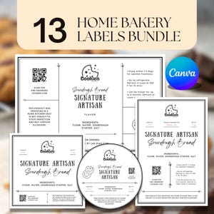 Op de afbeelding: Een bundel van 13 etiketten voor thuisbakkerijen met zwarte tekst op een witte achtergrond. De ontwerpen bevatten rechthoekige en ronde labels voor zuurdesembrood, met ingrediënten, bewaarinstructies en QR-codes voor bestellingen.