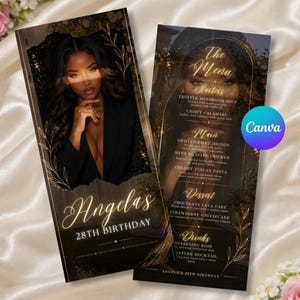 May include: A black and gold birthday menu card featuring a portrait of a person in a black blazer, with the text Angela's 28th Birthday, The Menu, Starters, Main, Dessert, and Drinks, decorated with gold leaf illustrations and elegant typography.