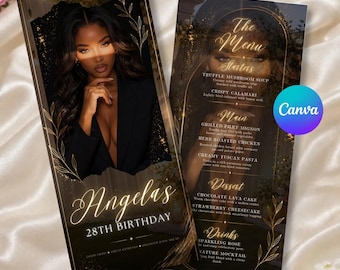 May include: A black and gold birthday menu card featuring a portrait of a person in a black blazer, with the text Angela's 28th Birthday, The Menu, Starters, Main, Dessert, and Drinks, decorated with gold leaf illustrations and elegant typography.