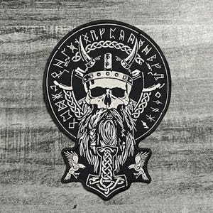 Embroidered Viking Skull Patch: Mjolnir, Runes, Odin Ravens Biker Jacket Applique