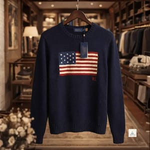 May include: A navy blue long-sleeve crewneck sweater featuring a large, centered knit graphic of the American flag with white stars and red and white stripes. The letters RL are embroidered in red below the flag, and a blue tag hangs from the collar.