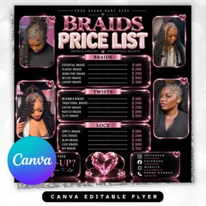 Może przedstawiać: Czarny szablon cyfrowej ulotki z napisem BRAIDS PRICE LIST wykonanym metalicznymi różowymi literami. Zawiera cztery zdjęcia fryzur z warkoczami, sekcje Braids, Twists i Locs z cenami, grafikę diamentowego serca oraz ikony mediów społecznościowych.