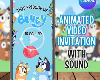 Invitation d'anniversaire Bluey, Invitation vidéo Bluey, Invitation Bluey, Invitation vidéo animée Bluey, Invitation vidéo d'anniversaire numérique, Modèle Canva modifiable