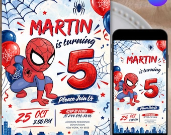 Spider-Man verjaardagskaart, superhelden verjaardagsuitnodiging, Spider-Man feestuitnodiging, Canva-sjabloon voor kinderverjaardag, bewerkbare digitale kaart