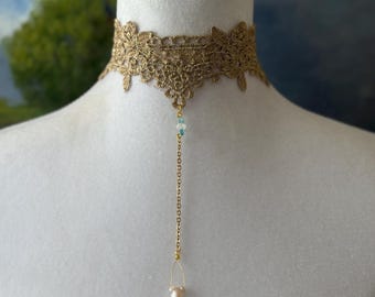 Handmade Gold Lace Choker, Pearl, Moonstone, Blue Apatite Necklace, Victorian Fairycore Jewelry