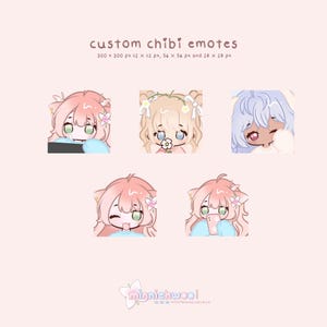 Könnte beinhalten: Fünf benutzerdefinierte Chibi-Emotes mit stilisierten Charakteren mit pastellfarbenem Haar und Accessoires. Text: custom chibi emotes 300 x 300 px 112 x 112 px, 56 x 56 px und 28 x 28 px. Ein Schmetterlingslogo mit minniehwoo befindet sich unten.