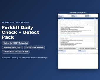 Forklift Daily Check Sheet + Defect Report + LOLER Thorough Examination Log | Pre-Shift Inspection Checklist | Editable Excel + PDF