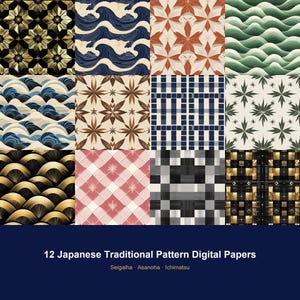 Puede incluir: Una colección de 12 papeles digitales con varios patrones geométricos y de ondas en oro, azul, verde, rojo y negro. El texto en la parte inferior dice 12 Japanese Traditional Pattern Digital Papers Seigaiha Asanoha Ichimatsu.